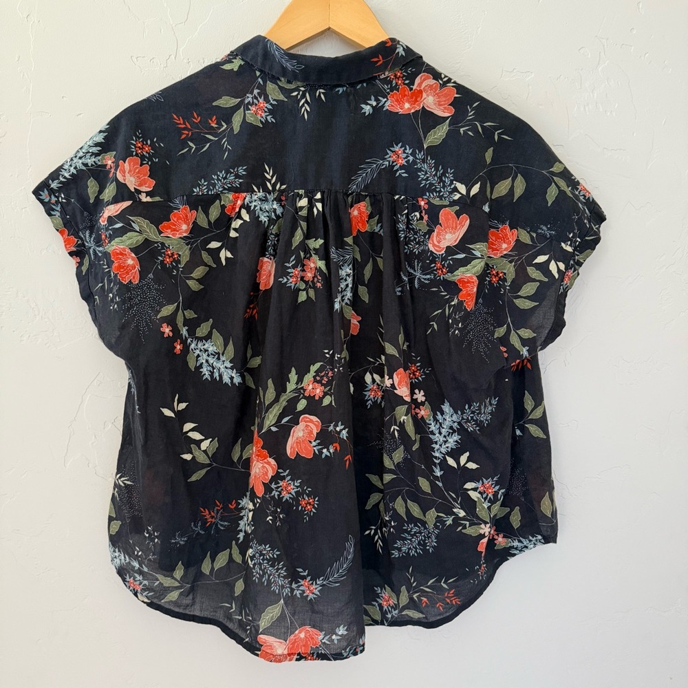Michael Stars Dark Navy Floral 100% Cotton Blouse, Business Casual Work Top, XS - Picture 2 of 11